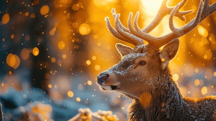 a close up of a deer's face with snow on it's antlers and trees in the background.