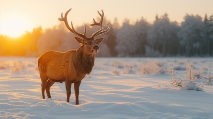 a deer standing in the middle of a snow covered field with the sun setting in the background and trees in the foreground.