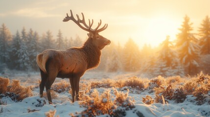 a deer is standing in the middle of a snowy field with trees in the background and the sun shining through the trees.