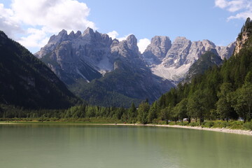 Fototapeta na wymiar Lago di Landro with Monte Cristallo in background, Dolomites, Italy