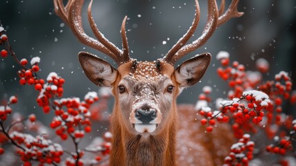a close up of a deer with antlers on it's head and red berries in the foreground.