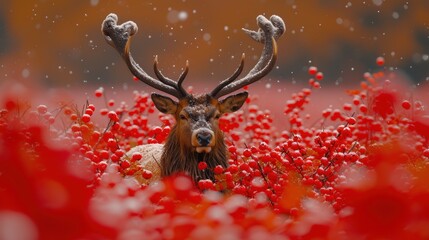 a close up of a deer in a field of red flowers with snow falling on it's antlers.