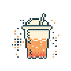 Retro chic in a modern design: a pixelated glass with a trendy drink on a light background, the illustration exudes style in dark gray and orange shades, the perfect combination of vintage and trend.