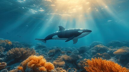 an orca swims over a coral reef in the sunbeams of a body of water with corals in the foreground.