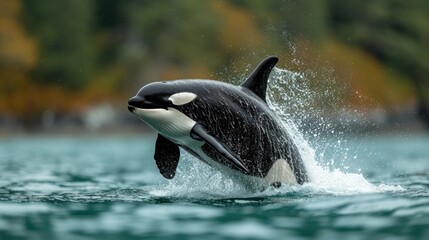 a black and white orca jumping out of the water with it's head above the water's surface.