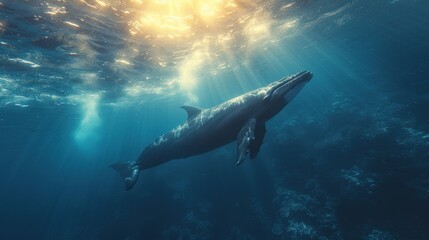 a humpback whale swims under the water's surface, with sunlight streaming through the water's surface. - obrazy, fototapety, plakaty