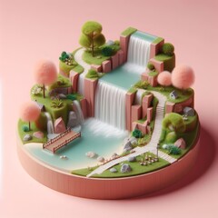 Big waterfall miniature isolated on a pastel pink background. Amazing landscape trendy composition. Beautiful 3D model. Wide screen wallpaper, for design and banners.