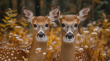 two young deer standing next to each other in a field of tall grass with snow falling on the ground and trees in the background.
