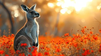 Rolgordijnen a kangaroo standing in the middle of a field of red flowers with the sun shining through the trees in the background. © Jevjenijs