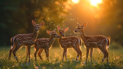 Naklejka na ściany i meble a group of deer standing next to each other on a lush green field in front of a sunlit forest.
