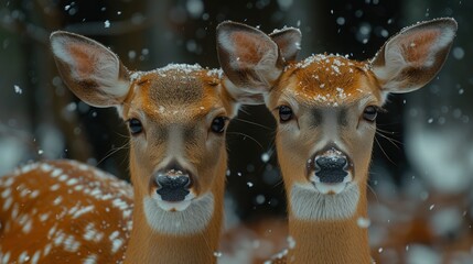 a couple of deer standing next to each other on a snow covered field in front of a forest filled with trees.