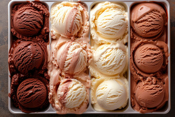 box of vanilla and chocolate ice cream scoop, top view