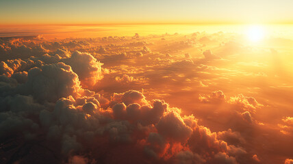 Earth during the golden hour, cities basking in the golden sunlight, serene clouds above.