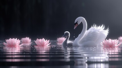 a swan sitting on top of a body of water next to a group of pink waterlily floating on top of a lake.
