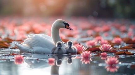 a mother swan and her two babies swimming in a pond of water lilies with pink flowers in the background. - obrazy, fototapety, plakaty