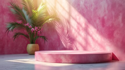 3d render mockup podium stand table shelf.  Pink yellow abstract background. Palm tree leaf shadow. Nature. Yellow pink. Design beauty product cosmetics. Wall stage room studio. Design concept.