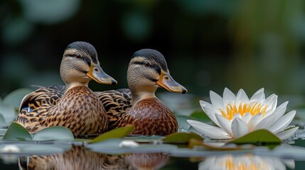 two ducks sitting next to each other on top of a body of water with lily pads in front of them.