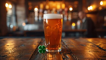 Saint Patrick's day.Glass of beer on bar with four clover leaves. Traditional festival symbols. Shamrock. Glass of beer on bar in pub on wooden table sparkling lights. 4k copy space