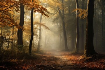 A mesmerizing scene of fog enveloping a tranquil forest, creating an ethereal and mysterious ambiance during autumn
