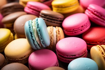 Obraz premium Vibrant Many colorful macarons. Food dessert. Generate Ai