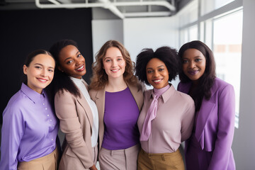 Smiling women in business outfits posing together in a modern office setting