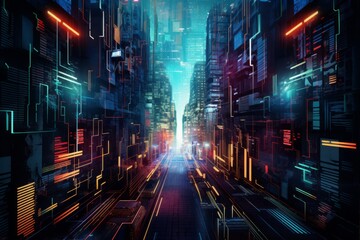 Abstract cyberpunk backdrop incorporating neon lights and digital circuits