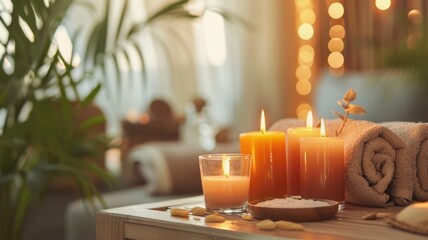 Warm glow of candles in a serene spa setting with towels and tranquil decor. Feature scenes of relaxation, meditation, or spa activities, emphasizing the break from alcohol