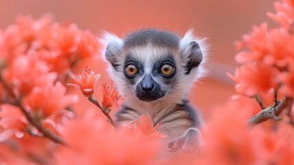 a close up of a small animal on a tree with flowers in the foreground and a blurry background.