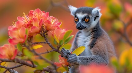 a close up of a lemura on a tree with flowers in the foreground and a blurry background.