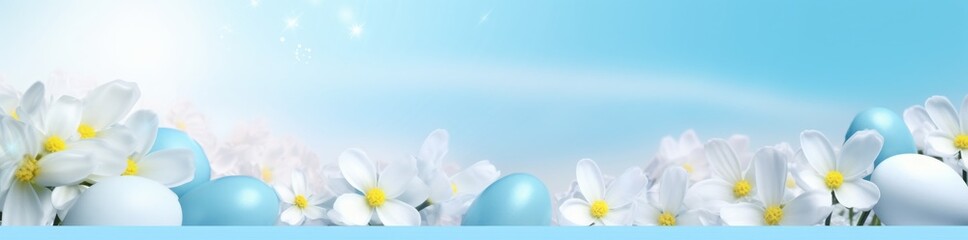 Fototapeta na wymiar Easter in Azure Motion: Blurred Sky-Blue & Aquamarine Panorama of Eggs & Flowers