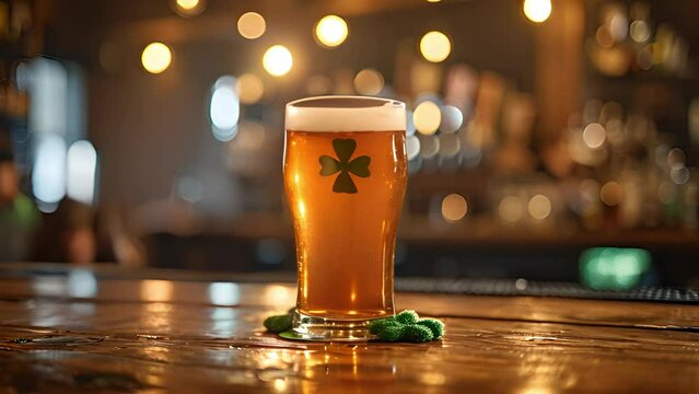 Saint Patrick's day.Glass of beer on bar with four clover leaves. Traditional festival symbols. Shamrock. Glass of beer on bar in pub on wooden table sparkling lights. 4k copy space