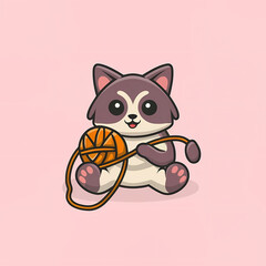 Flat Logo of Adorable Cat Playing with Yarn Cartoon.