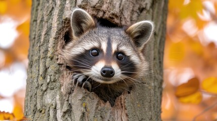 a raccoon pokes its head out of a hole in the bark of a tree in a forest.