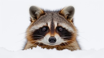 a close up of a raccoon's face with a snow bank in the foreground and a snow bank in the background.