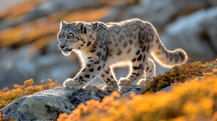 a white and black snow leopard walking on a rocky hillside covered in yellow and orange flowers and grass with a rock in the foreground.