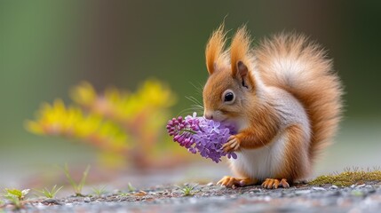 a close up of a small animal with a flower in it's mouth and a blurry background behind it.