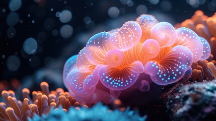 a close up of a pink and blue sea anemone with white dots on it's outer body. - obrazy, fototapety, plakaty