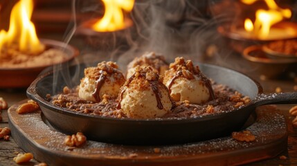 a skillet filled with food sitting on top of a wooden table next to a fire burning in the background.