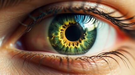 Close-up view of human eye. Iris brown green colorful