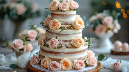 Obraz na płótnie Canvas a three tiered wedding cake with pink roses on the top of the cake and flowers on the bottom of the cake.