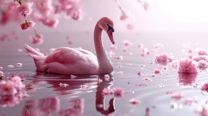 a pink swan floating on top of a body of water next to a tree with pink flowers in the background.