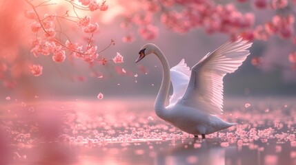 a white swan flying over a body of water next to a tree with pink flowers on it's branches. - obrazy, fototapety, plakaty