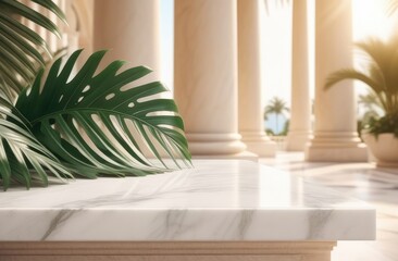 Fototapeta premium marble 3 D podium for product presentation, decorated with tropical leaves, 3D rendering