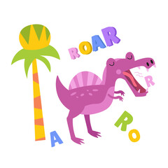 Cute cartoon dinosaur. Flat stylised isolated simple illustration for design on white background. Template for text. Vector graphics.