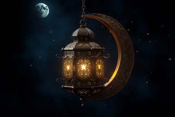 Lantern hanging from a chain with the moon in the background