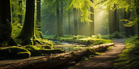 Serene Forest Scene with Sunbeams Filtering Through Trees Illuminating a Path and Fallen Log Across a Stream in a Lush Green Woodland