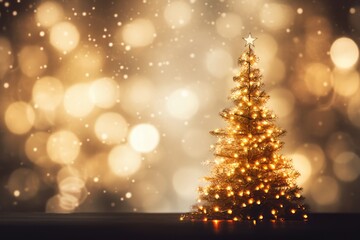 Blurred golden bokeh with glowing Christmas tree