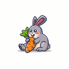 Flat Logo of Sweet Rabbit Munching on Carrot Cartoon.