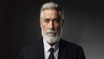 A professional Matured Man age around 65 years in a dark, elegant suit and tie is portrayed against a black backdrop, exuding an air of mystery and sophistication. 
