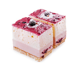 souffle cake with biscuit, birds milk on white